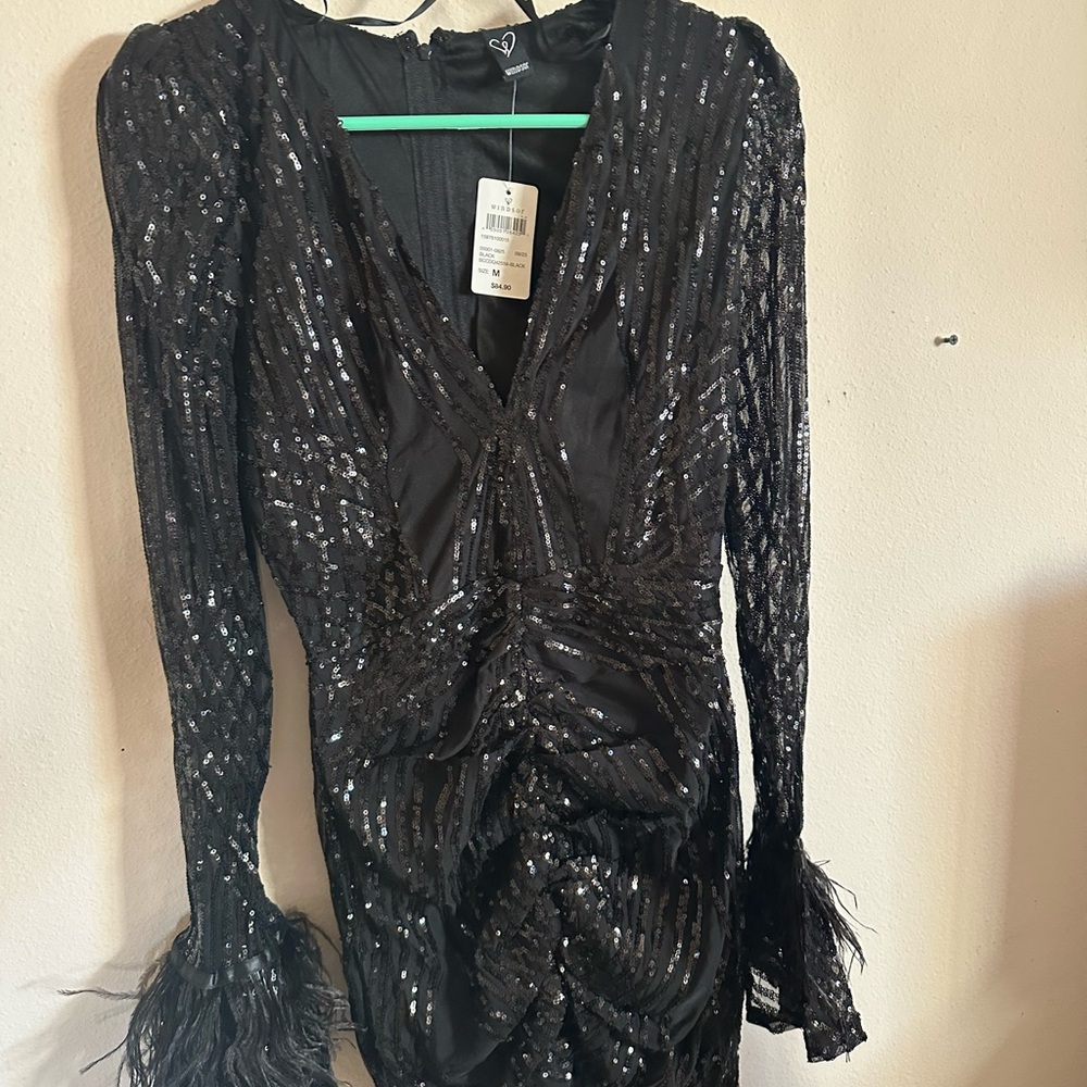 Windsor Black Sequin Dress with Feather Cuffs